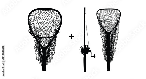 Fishing equipment landing nets a fishing rod and a reel are displayed