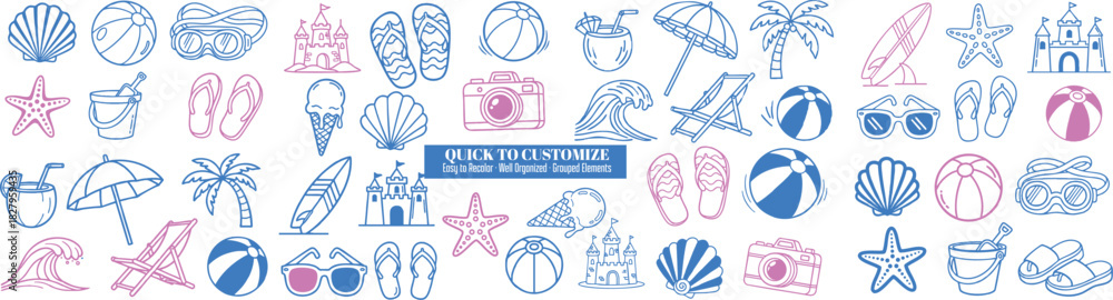 Fototapeta premium Hand drawn doodle style summer beach icon set with umbrellas, palm trees, seashells, flip flops, cameras and beach balls in blue and pink outline vector art