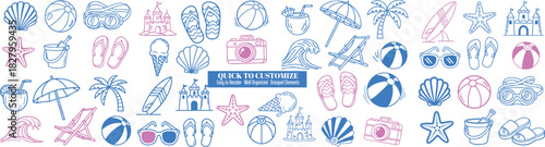 Hand drawn doodle style summer beach icon set with umbrellas, palm trees, seashells, flip flops, cameras and beach balls in blue and pink outline vector art