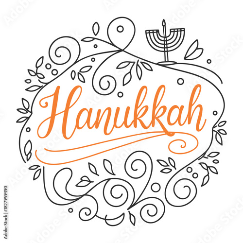 Orange Hanukkah script text with menorah and floral swirl design Jewish holiday