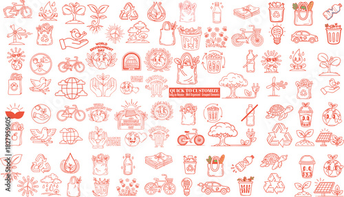 Hand drawn eco doodle icon set with bicycles, recycling bins, reusable bags, solar panels and cute earth characters for world environment day posters and green lifestyle branding
