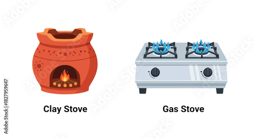 Traditional clay stove and modern gas stove comparison illustration