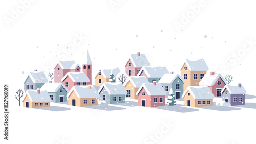 A charming illustrated village with colorful houses and a church covered in snow during winter.
