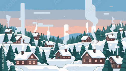 A charming pixel art illustration depicts a cozy winter village nestled amongst snow-covered hills and evergreen trees, with smoke gently rising from chimneys.