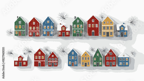 Colorful houses in a snowy winter village scene, viewed from above, with bare trees.