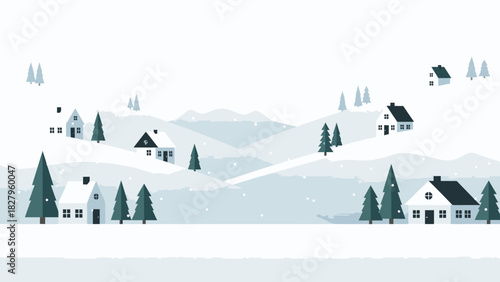 Winter landscape with houses and trees covered in snow.