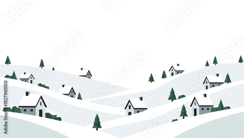A serene winter landscape illustration of a small village nestled in snow-covered hills.