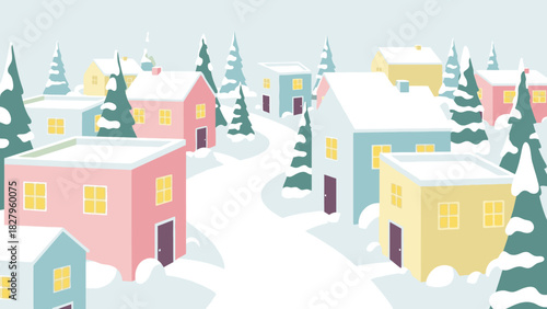 A charming winter scene of colorful houses nestled in a snowy village, surrounded by evergreen trees.