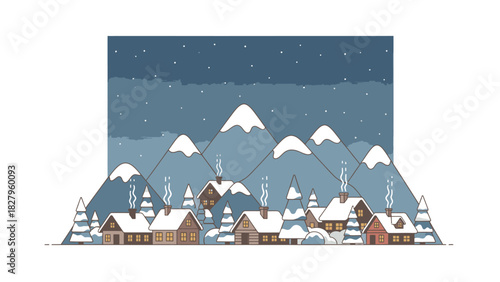 A charming winter village nestled at the base of snow-capped mountains under a starry night sky.
