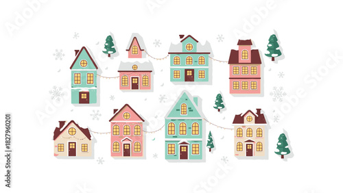 A whimsical winter town scene featuring a variety of colorful, snow-covered houses and festive decorations.