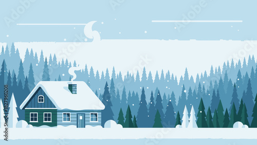 A cozy snow-covered cabin nestled in a dense, frosted pine forest during a gentle snowfall.