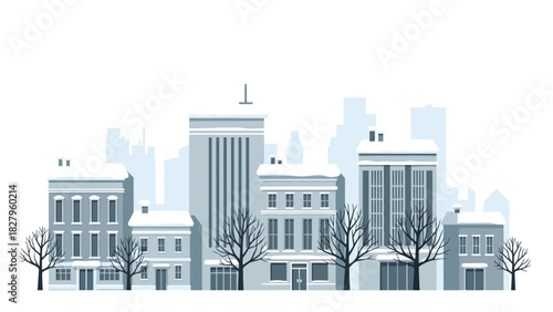 Winter cityscape illustration featuring snow-covered buildings, bare trees, and a serene atmosphere.
