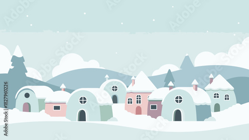 A charming cartoon village with colorful houses covered in snow during a gentle winter snowfall.