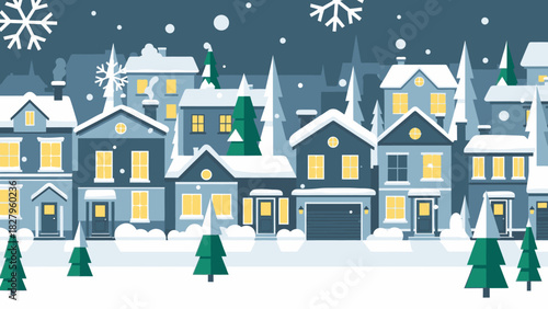 A charming illustration of a snowy winter town at night with houses, glowing windows, falling snowflakes, and evergreen trees.