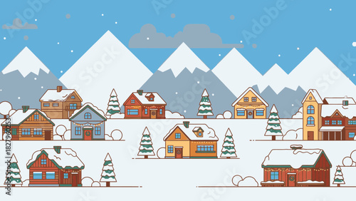 A charming cartoon village nestled in a snowy winter landscape with mountains in the background.