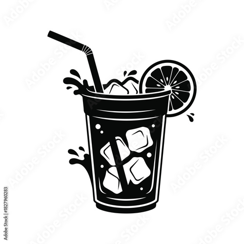 Refreshing cold beverage with ice cubes lemon slice and straw depicted in a stylized black and white illustration