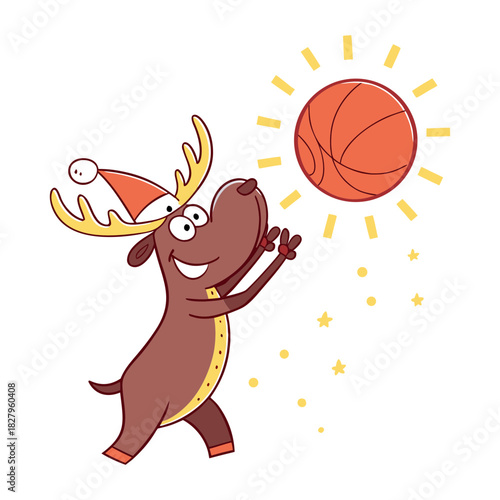 Cartoon reindeer wearing a santa hat playing basketball