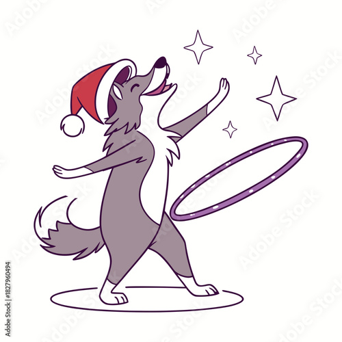 Cartoon wolf in santa hat playing with a hula hoop and stars