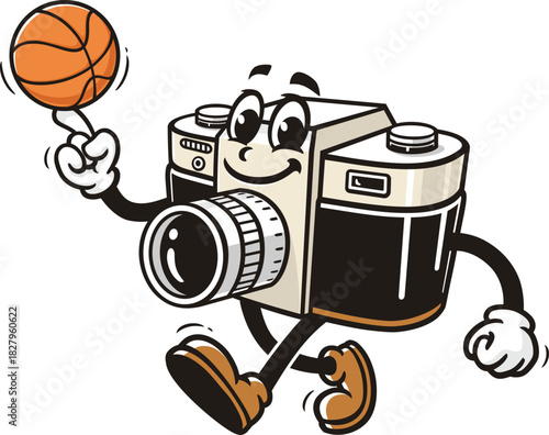 Camera mascot cartoon playing basketball