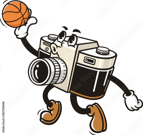 Camera mascot cartoon playing slam dunk basketball
