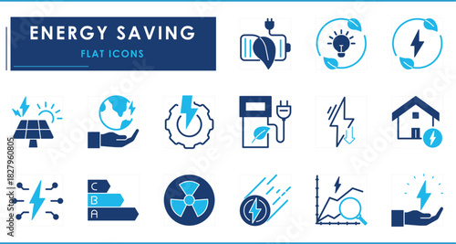 A set of flat icons related to Energy Saving. Energy, renewable, nuclear, recharge, green, technology, and so on.