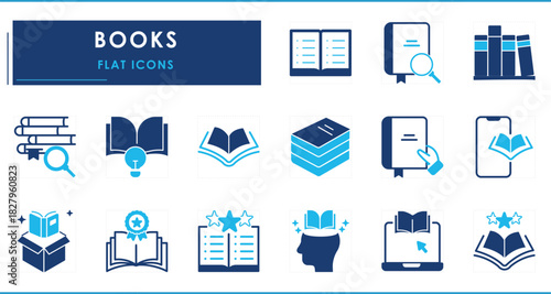 A set of flat icons related to Books. Study, idea, intelligence, gift, research, and so on. Various styles and types of books.