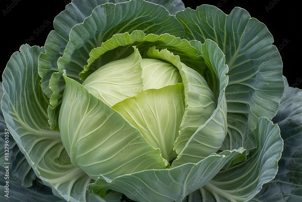 Obraz premium Fresh cabbage displayed on a dark background, crisp green leaves layered beautifully, ideal for healthy meals.