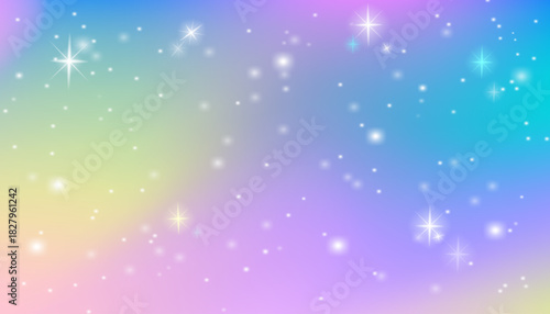 A magical unicorn hologram with a rainbow gradient in emerald and purple tones. An abstract fantasy vector background with glitter for holiday decor, wallpaper, cards, posters, and party design.