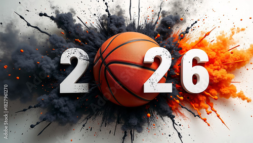 Basketball forms “2026” amid black and orange bursts—powder clouds erupt behind, evoking motion, contrast, and the bold energy of a future milestone.
