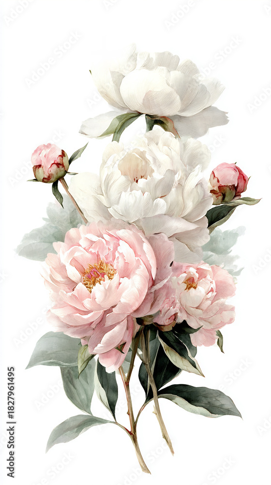 Obraz premium Beautiful peonies in soft colors arranged with delicate leaves against a simple background