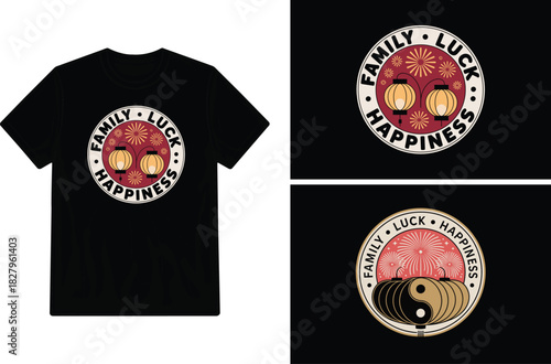 Black t shirt mockup displaying a vibrant family luck and happiness design