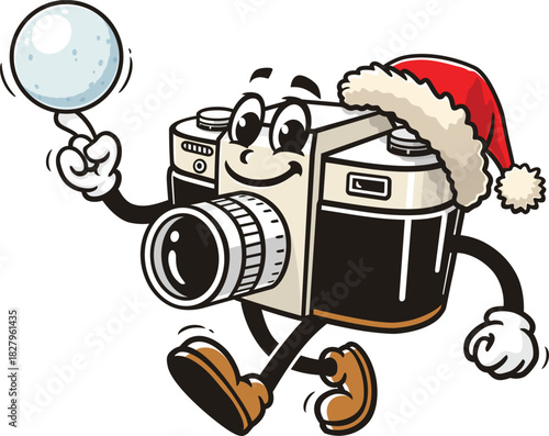 Camera mascot cartoon playing snowballs and wearing a Christmas hat