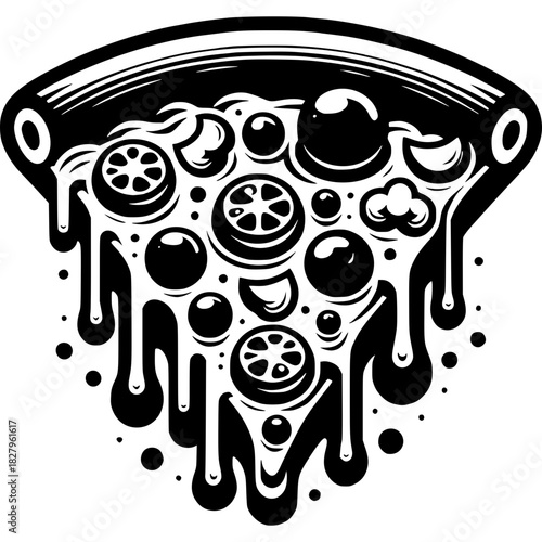 Pizza Slice Illustration: A stylized pizza slice bursts with flavorful toppings, with gooey cheese cascading down. A delicious art form!