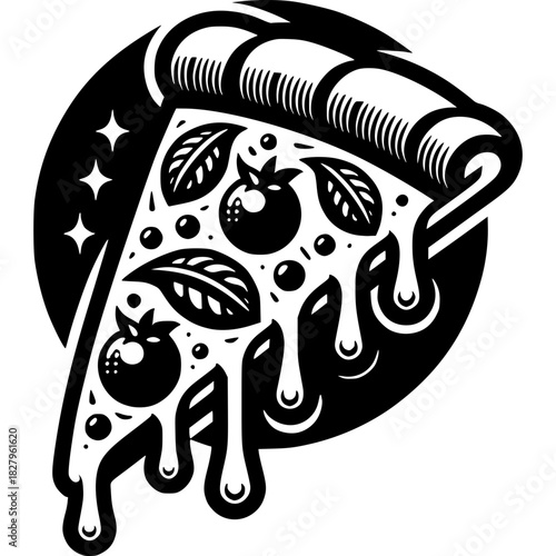 Pizza Slice Illustration: A stylized pizza slice showcases a delicious blend of tomato, basil, and cheese, offering a taste of classic Italian cuisine.