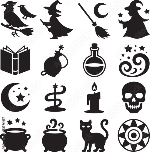Halloween silhouettes set of spooky witchy elements vector illustration