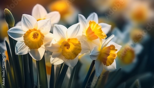Soft Focus Macro Image Of Delicate White And Yellow Daffodil Flowers In Bloom
