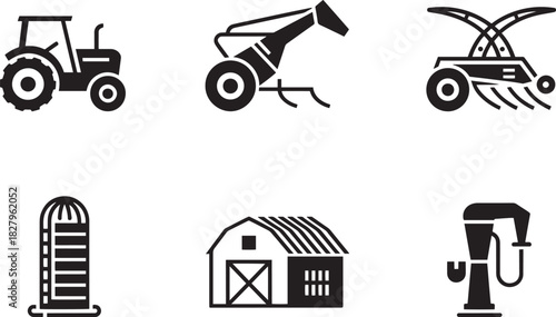 Agriculture farm machinery icons set tractor silo barn pump harvester cultivator vector silhouettes