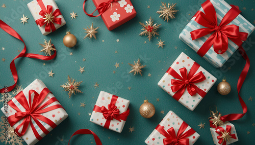 Festive christmas gifts with red ribbons and gold ornaments on a teal background with star confetti