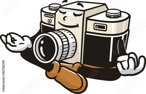 Camera mascot cartoon is meditating or relaxing