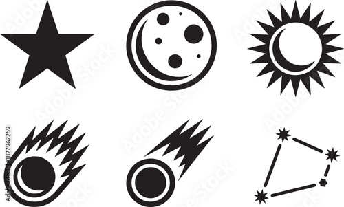 Astronomical icons collection set includes star moon sun comet meteor and constellation outlines