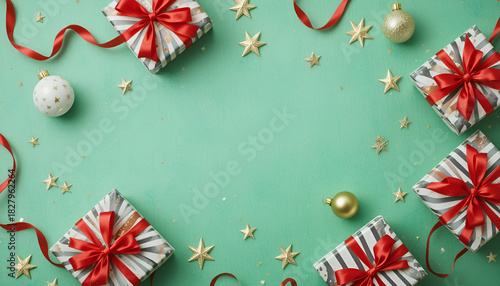 Festive arrangement featuring wrapped gifts, ornaments, ribbons and star decorations on green background
