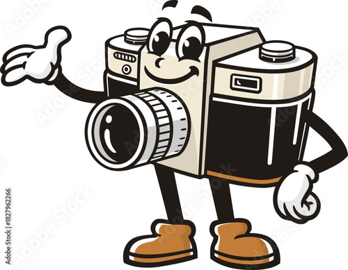 Camera mascot cartoon with welcoming pose