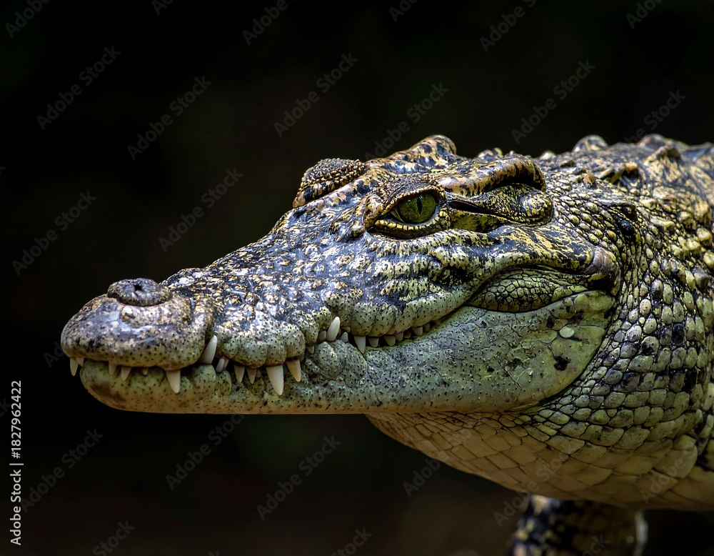 Fototapeta premium Close up on a reptile with bumpy skin and sharp teeth, against a dark background, side view