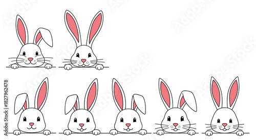 Group of adorable white cartoon bunnies with cute expressions peeking over a line isolated on a white background with copy space.
