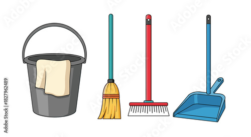 Collection of colorful cartoon cleaning supplies including a bucket broom push broom and dustpan isolated on a white background.