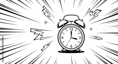 Ringing alarm clock in a black and white retro comic book style with radial speed lines and effects to show sound and urgency.
