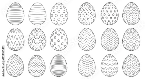 Big collection of easter eggs with various simple geometric patterns for coloring pages or holiday decorations vector illustration.