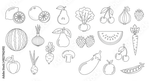 Large set of various fruits and vegetables in a clean black outline style for coloring books or healthy food concepts vector.