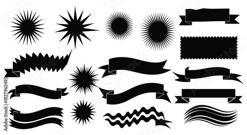 Diverse set of black vector shapes including wavy ribbons banners and starburst price tags for graphic design and promotions.
