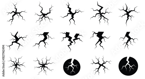Set of black silhouette crack illustrations showing damage on surfaces like ground walls or glass isolated on white background.